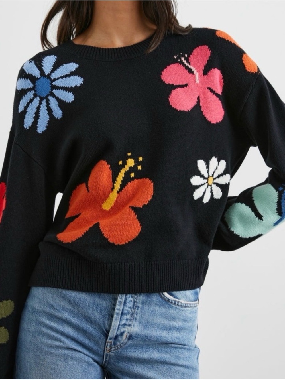 🌺 Rails Zoey Hibiscus Black Floral Knit Crewneck Sweater 🌺 - Picture 2 of 15